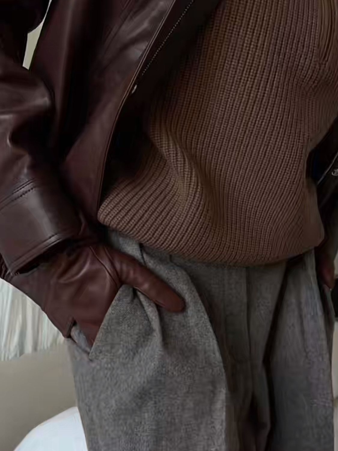 Chocolate Leather and Gray Trousers for a Rich Tonal Fall Outfit